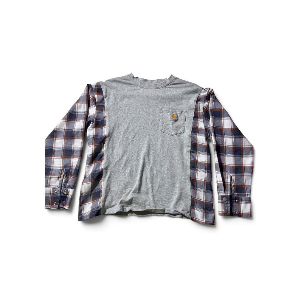 Carhartt Gray Long Sleeve Pocket Tee with Plaid Flannel Sleeves and Panels